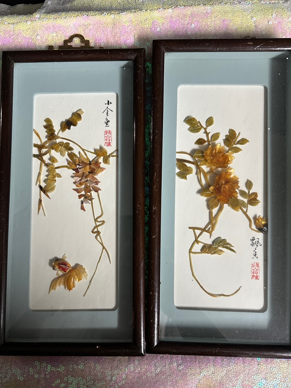 Vintage set Japanese shell wall art framed